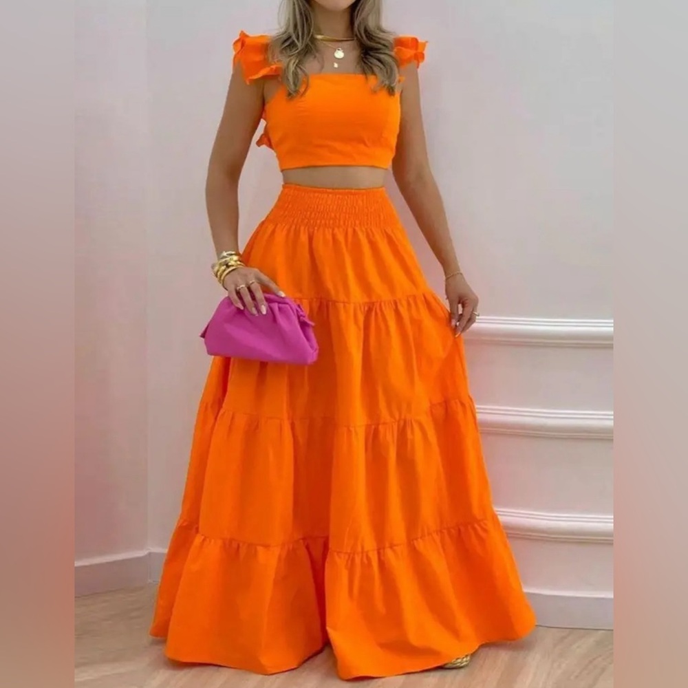 Passion of Essence Orange Tiered Crop Top & Maxi Skirt Set